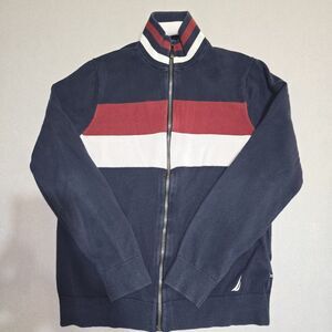 Nautica Men's Mock Neck Sweatshirt Full Zip Colorblock Navy White Maroon Size S